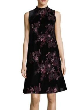 ECI Black Velvet Floral Embroidered Shift Mini Dress XS Cocktail